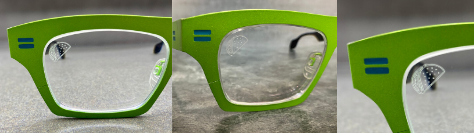 Custom lens engraving of a taco on clear lenses in bright green frames
