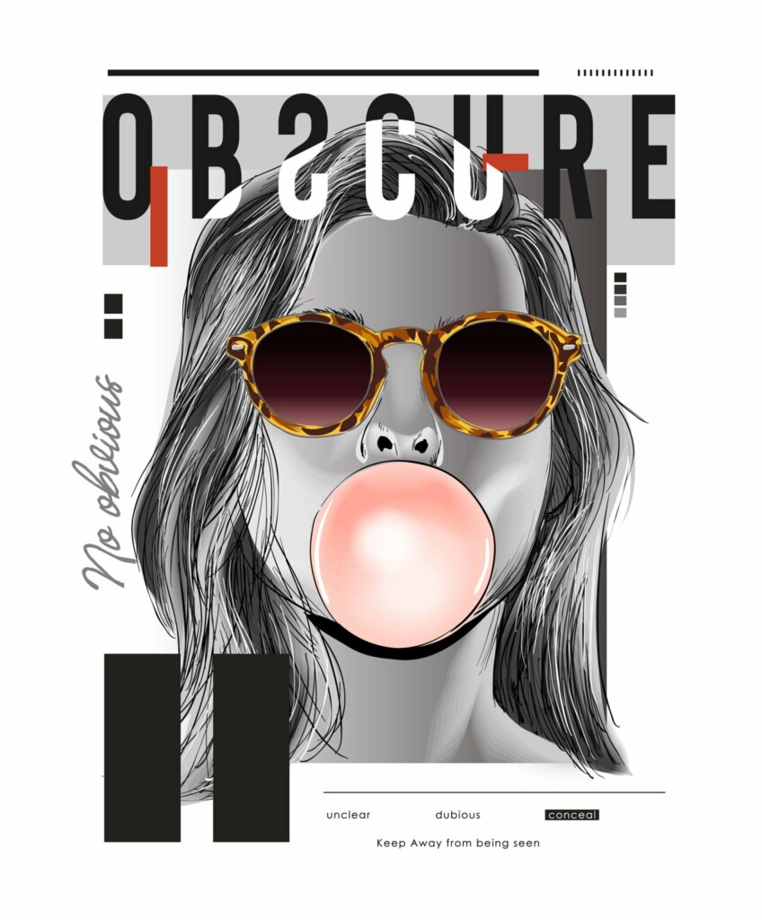 A graphic art of a woman blowing a bubble gum while wearing designer sunglasses